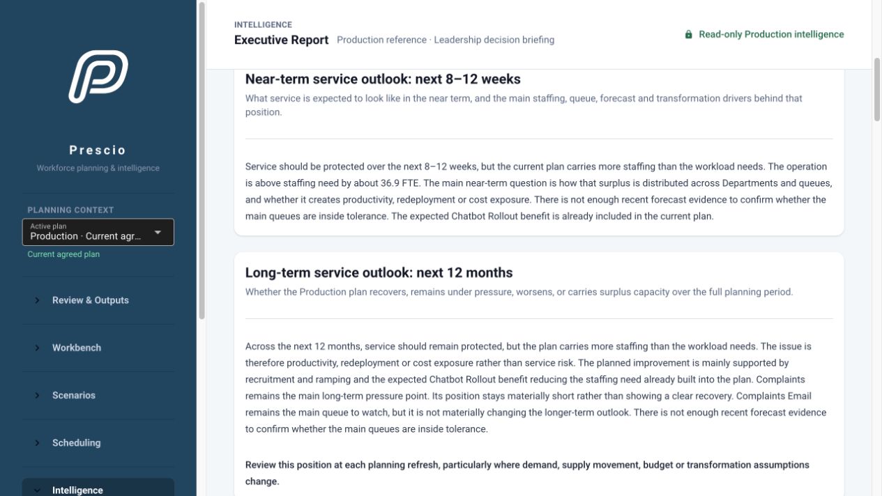 Prescio Intelligence screen showing a plain-English executive report