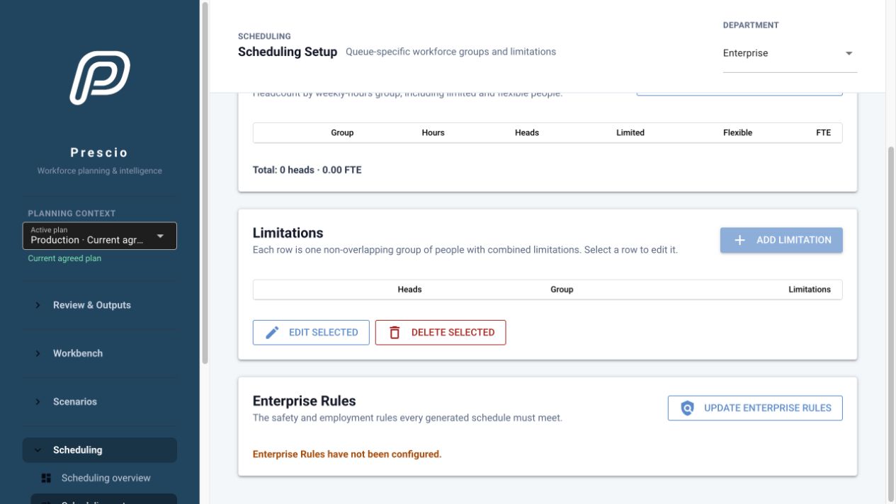 Prescio optional Scheduling screen showing workforce groups, limitations and scheduling rules